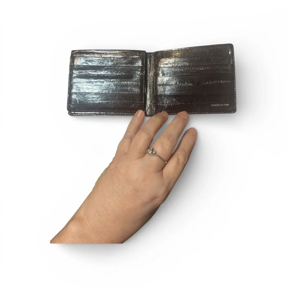 Genuine Eel Skin Vintage Men’s Brown Bi Fold Wallet Luxury Exotic Card Holder